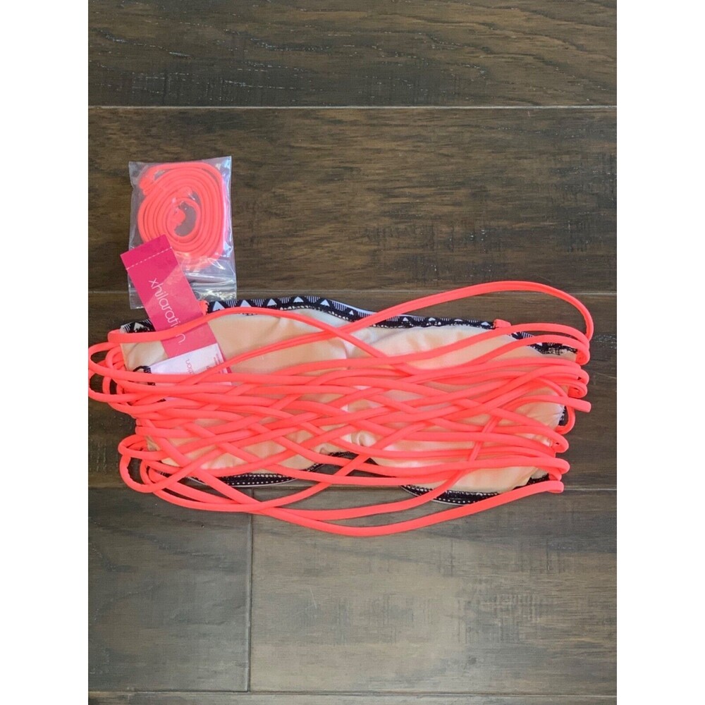 Xhilaration Bikini Top Bandeau Bathing Suit Strappy Chevron Neon Coral NEW Small - Picture 3 of 6